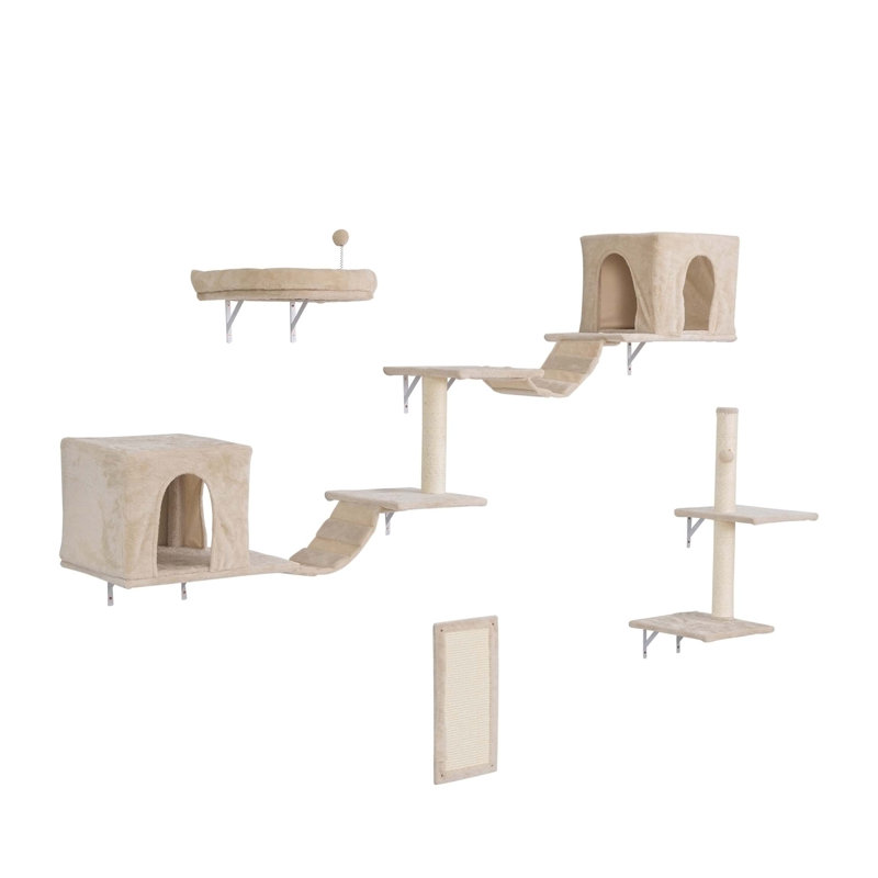 Arbre à chat mural, avec 2 maisons pour chat, 3 tablettes, 2 échelles, perchoir pour chat, Gris foncé