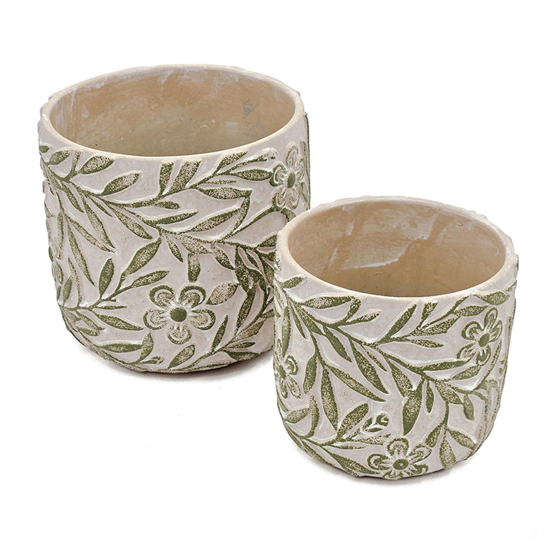 Jardinières S / 2 sable et ciment grises avec motif floral vert gravé, L: P 6,7 po x P 6,3 po: P 5,5 po x P 5 po