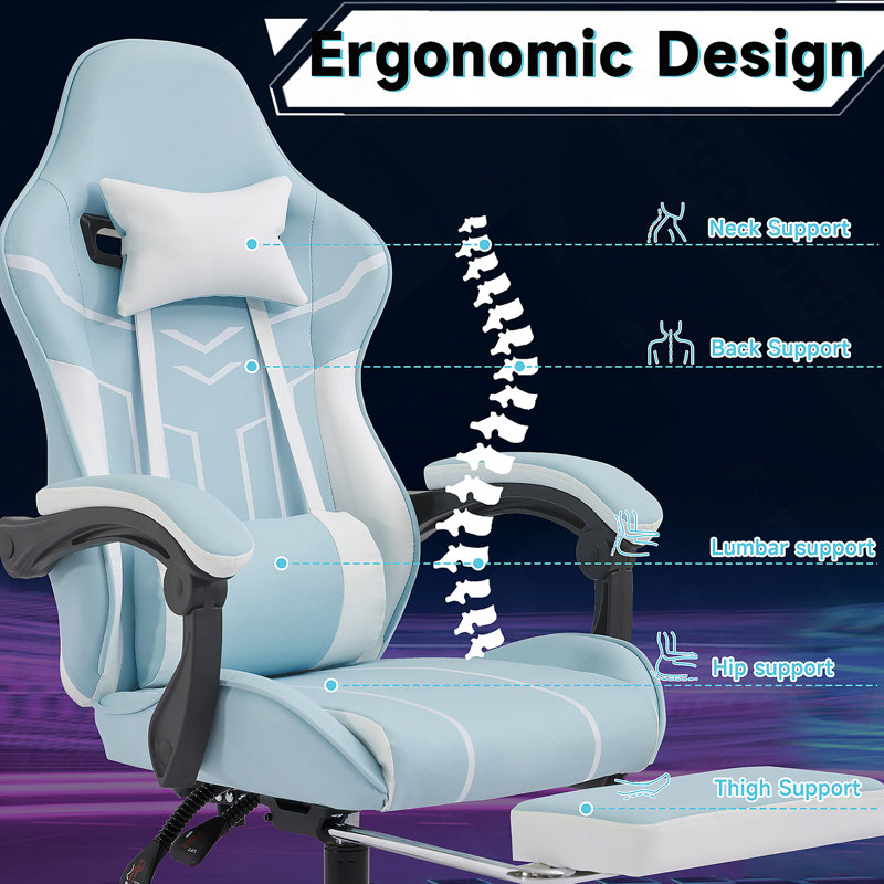 Fauteuil de jeu ergonomique avec repose-pieds et soutien lombaire, bleu et blanc, pour une assise confortable et réglable