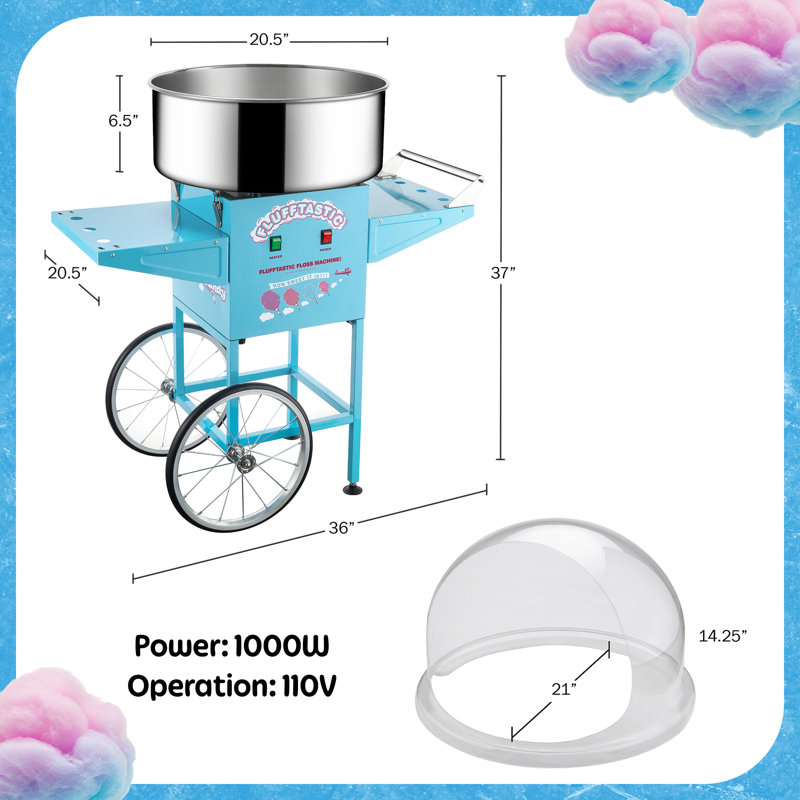 Machine à barbe à papa - Machine à soie Flufftastic 1000W avec chariot, roues de 13 pouces, bouclier en forme de dôme et poêle en acier inoxydable par Great Northern Popcorn (bleu)