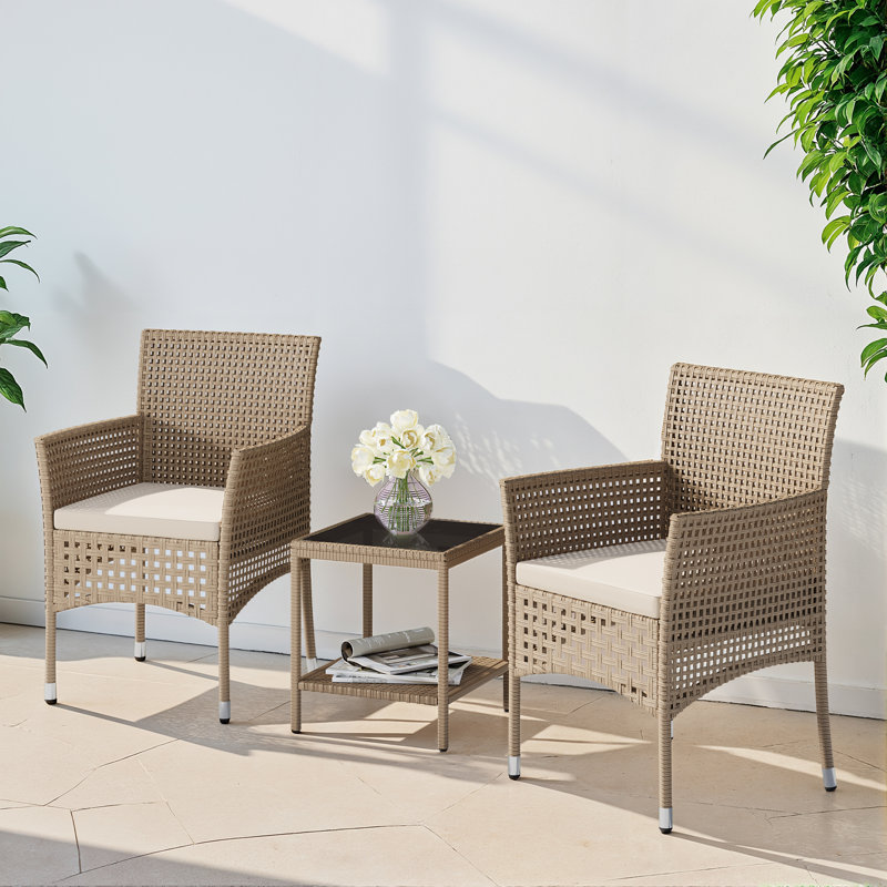 3-Piece Patio Bistro Set with Side Table & Cushions, Brown