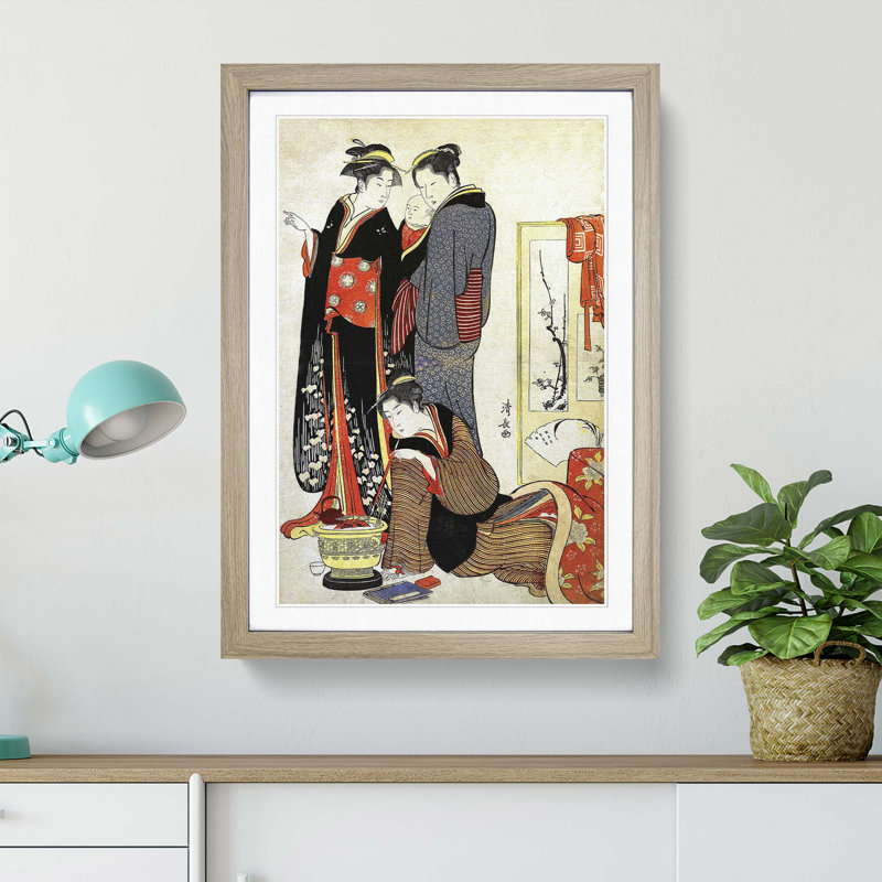 Three Women with a Child by Torii Kiyonaga - Picture Frame Painting Print, Oak Framed, 36cm H x 27cm W x 2cm D