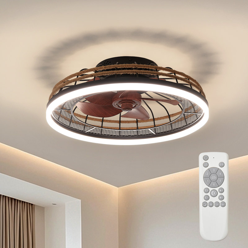 19.7" Dimmable Boho Caged Flush Mount LED Fan Light with Remote Control, 3 Color Temperatures Selectable
