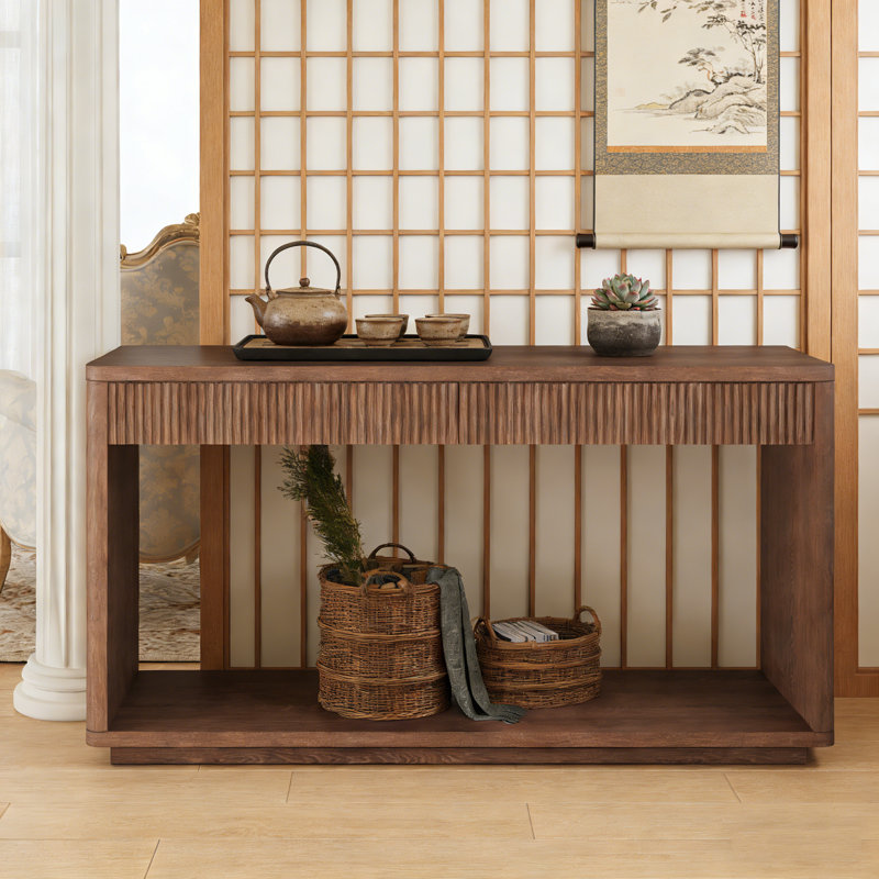Bravantice cannelé moderne de 60 pouces avec deux tiroirs et une finition en placage de bois naturel pour une utilisation polyvalente à la maison.
