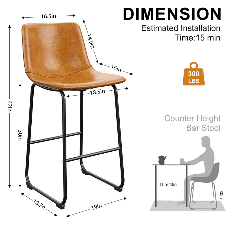 Evre Bar Stools Set of 2, PU Leather Counter Height Bar Stools,  Modern Barstools with Metal Legs and Footrest, Urban Armless Dining Chairs with Backrest for Kitchen Island