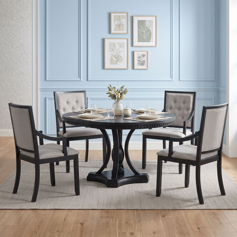 Ensemble de salle à manger rétro extensible rond de 5 pièces avec quatre fauteuils rembourrés, Chêne noir