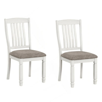 Dola Side Dining Chair Set Of 2, Rustic White Wood, Gray Fabric, Slat Back