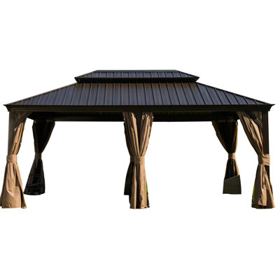 Pavillon de jardin 12 pi x 18 pi avec structure en aluminium et toit en acier galvanisé (brun) - Rideau, pavillon de jardin extérieur pour la famille, cadre double, cour arrière, filet de rideau à fermeture éclair