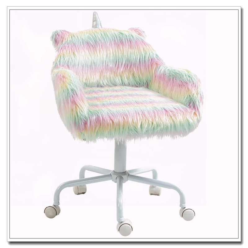 HOMCOM Fluffy Unicorn Office Chair With Mid-Back And Armrest Support,5 Star Swivel Wheel White Base,Rainbow