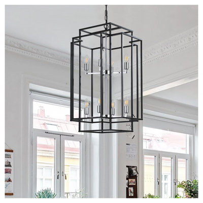 Modern Farmhouse Foyer Chandelier - Adjustable Height Iron Pendant Light with Chrome Accents for Kitchen Island and Dining Room