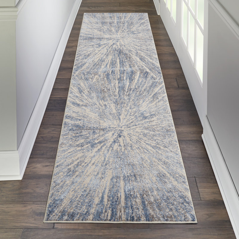Tapis abstrait bleu / beige Sariya, Tapis de couloir 2 pi 2 po x 7 pi 6 po