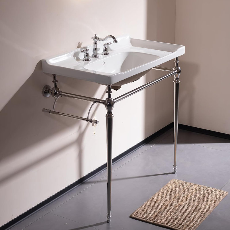 36'' Vintage Console Bathroom Sink, Freestanding Wall Mounted Single Bathroom Vanities Set With 3 Tap Holes, Silver, White