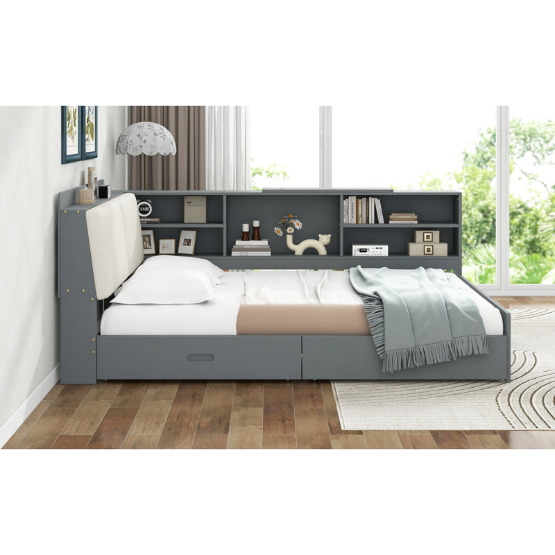 Lit double en bois gris avec tête de lit avec rangement, 2 tiroirs, pin et flexibilité rotative Assemblage facile, Gris