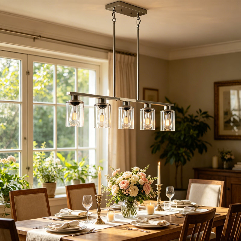Luminaire suspendu 5 lumières pour îlot de cuisine avec abat-jour en verre transparent, hauteur réglable, Chrome chrome
