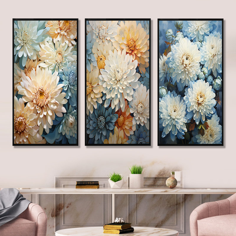 Ensemble de 3 décorations murales bleues et blanches «Mums Flowers Elegance», Cadre flottant noir, H 32 po x l 48 po