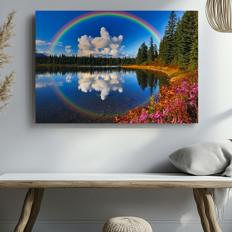 Toile, paysage vibrant mettant en valeur un lac serein reflétant un brillant art mural arc-en-ciel sur un ciel bleu clair avec toile