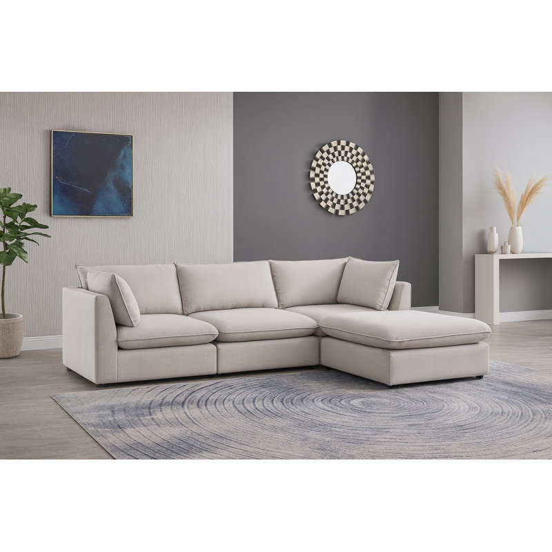 Tupman Upholstered L-Shaped Sectional Reversible, Beige Linen Textured Fabric