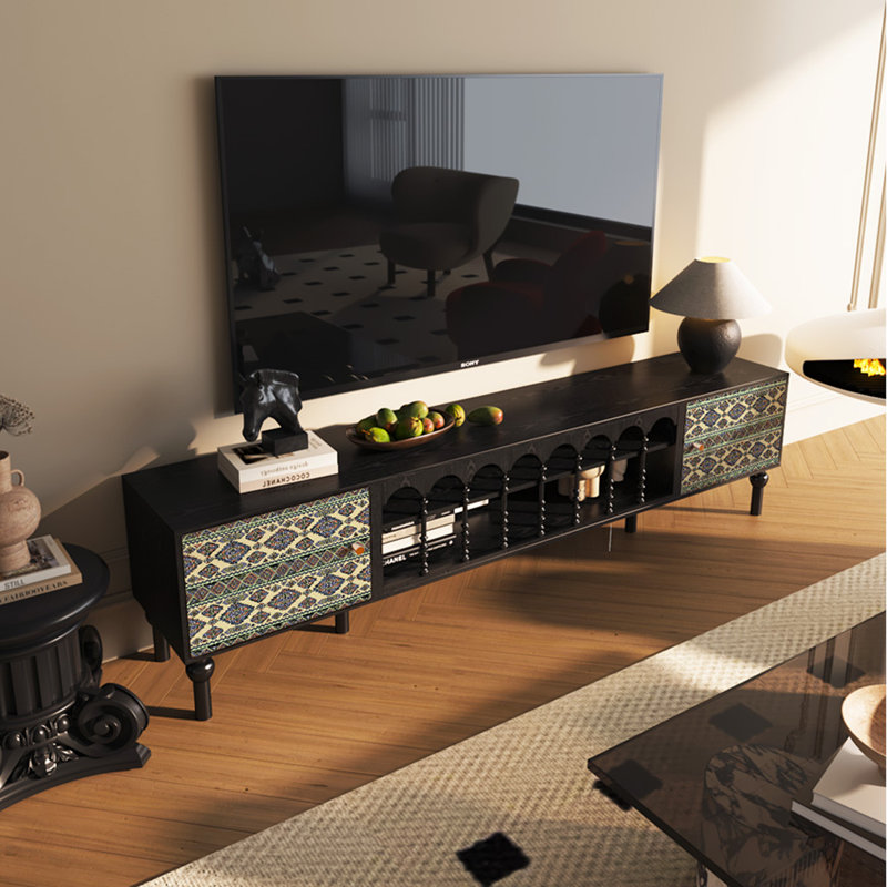 Meuble télé en bois massif avec pieds hauts et 2 armoires, H 21,25 po x L 78,74 po x l 15,74 po
