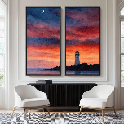 Grand ensemble d'art mural sur toile encadrée - Croissant de lune, phare, crépuscule et ciel nocturne en rouge pour impression de décor côtier - 60 po x 20 po x 2 pièces