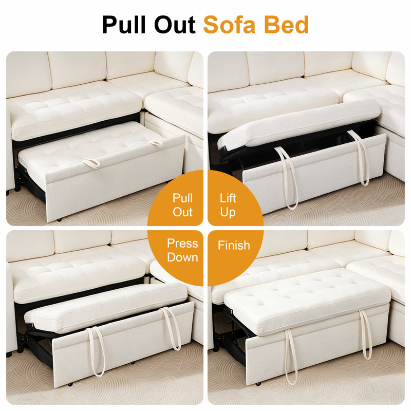  Canapé-lit modulaire en L de 102 po à 7 places avec lit escamotable, dossier inclinable, ports USB, éclairage DEL et table d'appoint, canapé convertible pour salon et appartement