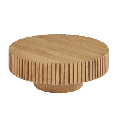 35.43" ASH Round Wood Coffee Table, Modern Handcraft Drum Table for Small Space Apartment & Living Room
