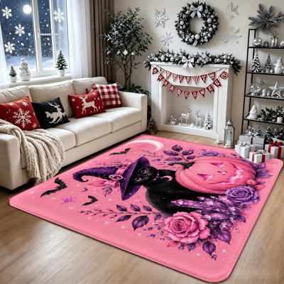 Tapis antidérapant Chat Sorcière Rose et Citrouille, Tapis de sol sur le thème d'Halloween, Décoration intérieure unique, Tapis pour salon et chambre, Décorations d'Halloween, Décoration intérieure, Ambiance sorcière, Décoration mignonne et effrayante, Décoration festive pour la maison, Tapis originaux, Décoration de chambre