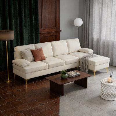 Double Sofa Combination (single+double) With Beige Thick Textured Fabric And Solid Wood Frame, Double-layer Springs