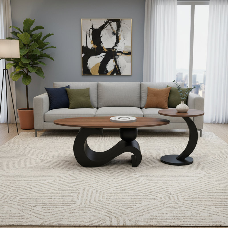 Ensemble de 2 tables basses gigognes noires, ovales et rondes de style industriel, convenant au salon, brun noir, Noir
