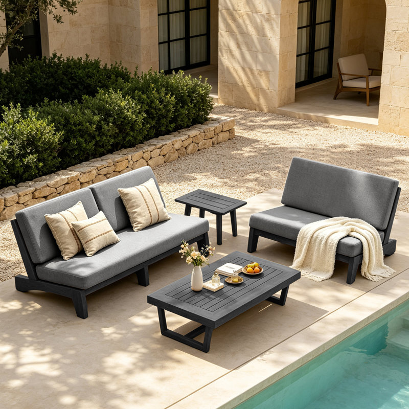 Ensemble de conversation Polett, 4 Pcs: 2 Tables, Loveseat, Sofa, Gris, Noir