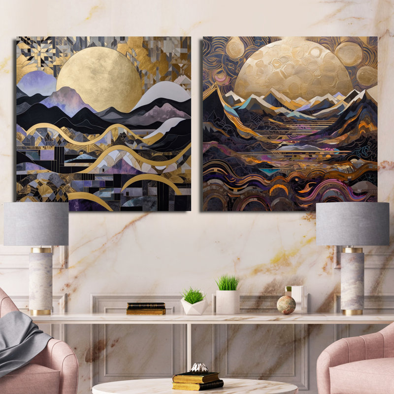 Golden Rising Moon - ensemble de 2 collage paysage carré moderne, H 30 po x l 61 po, Toile tendue
