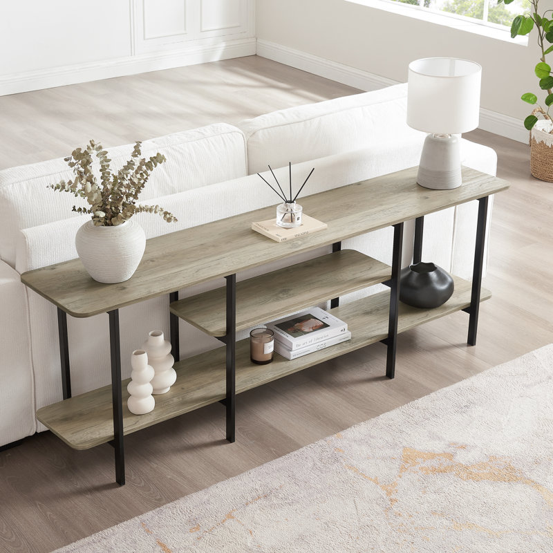 Celine 71" Contemporary Modern Console Table with 3 Shelves in Rustic Gray, Gray