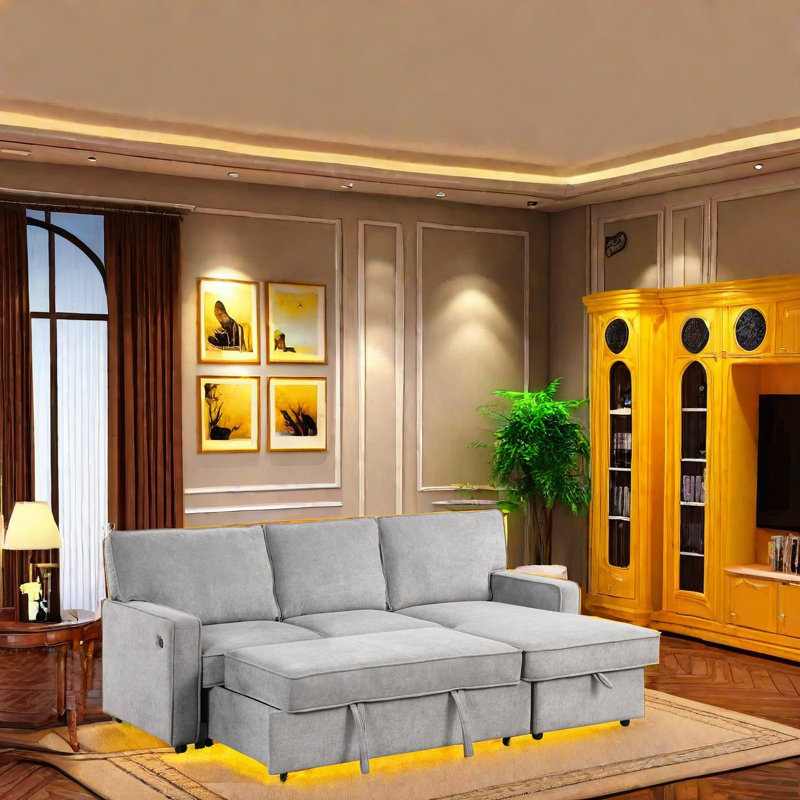 Canapé-lit convertible en L avec lit escamotable, porte-gobelets intégrés, port USB et repose-pieds avec canapé-lit modulaire et confortable pour le salon