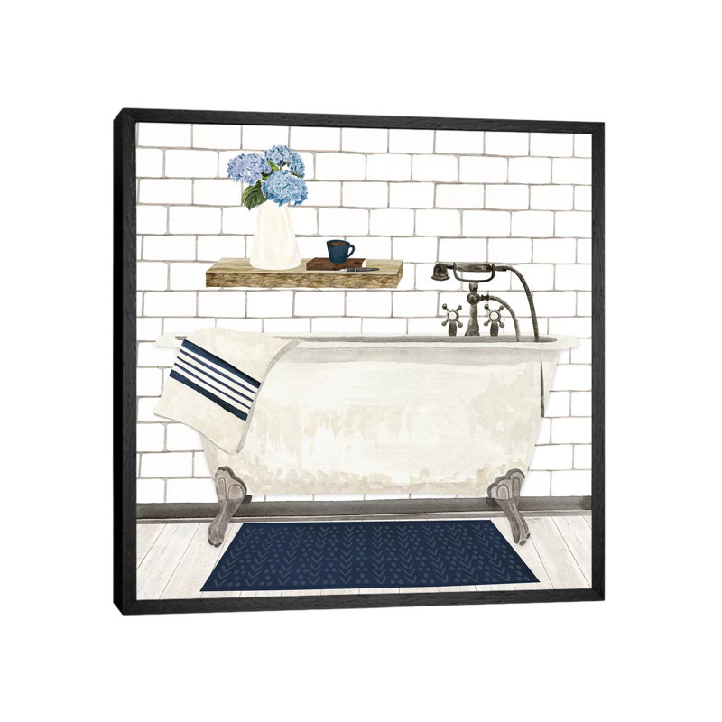 Farmhouse Bath I Navy-Tub 1 Piece Painting on Canvas, 45.72cm H x 45.72cm W x 3.81cm D, Black Framed