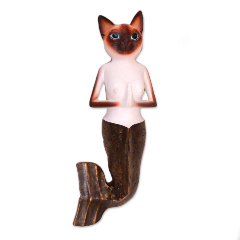 Figurine murale en bois pour chat siamois sirène