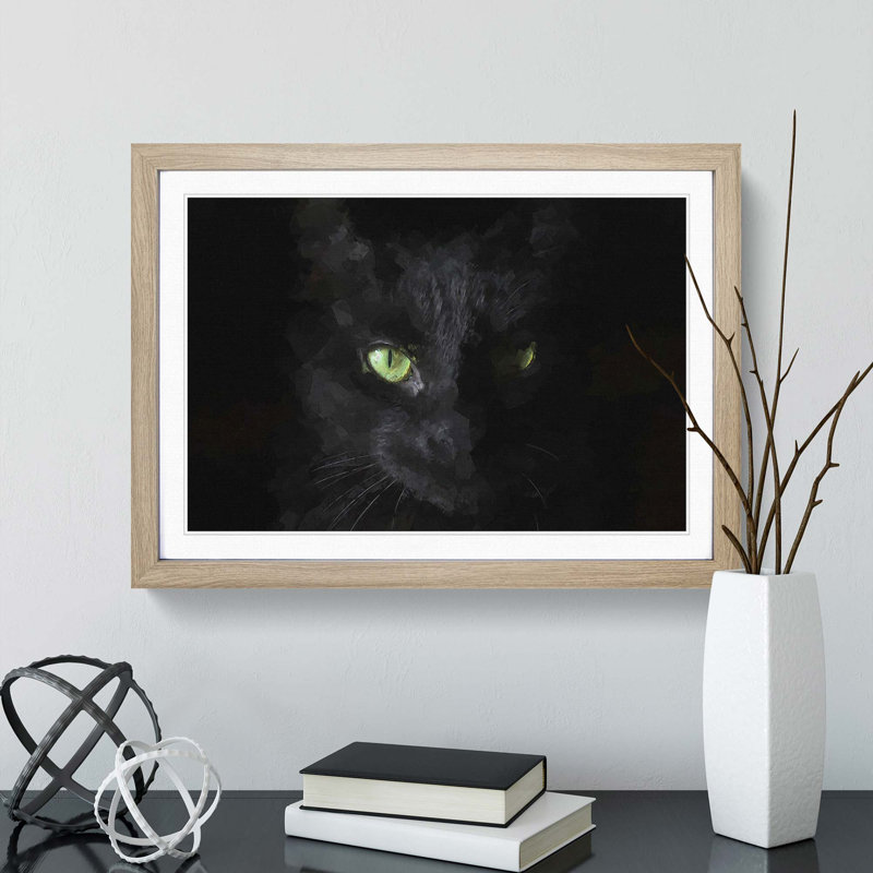 Black Cat with Green Eyes in Abstract - Picture Frame Graphic Art Print, 62cm H x 87cm W x 2cm D, Oak Framed