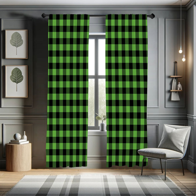 Charlton Home® Plaid Curtains, Lumberjack Buffalo Checks Art, Shamrock Green/Black, 28" W x 95" L