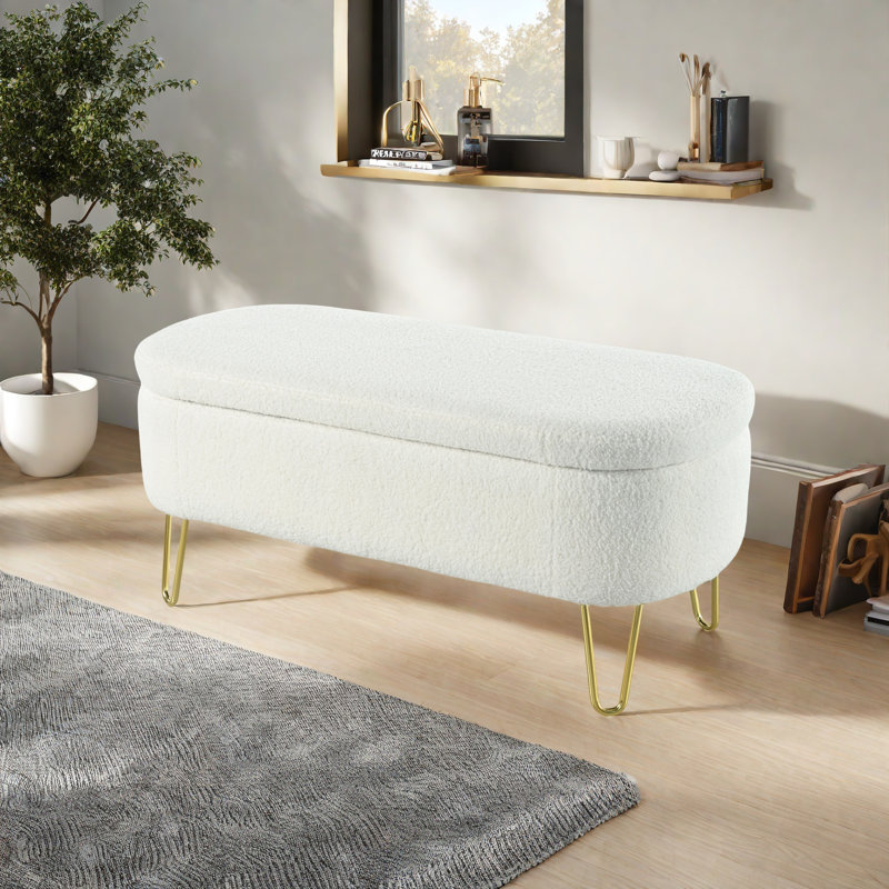 Banc de rangement ovale pour la chambre à coucher au bout du lit, repose-pieds avec rangement et repose-pieds, Crème, crème