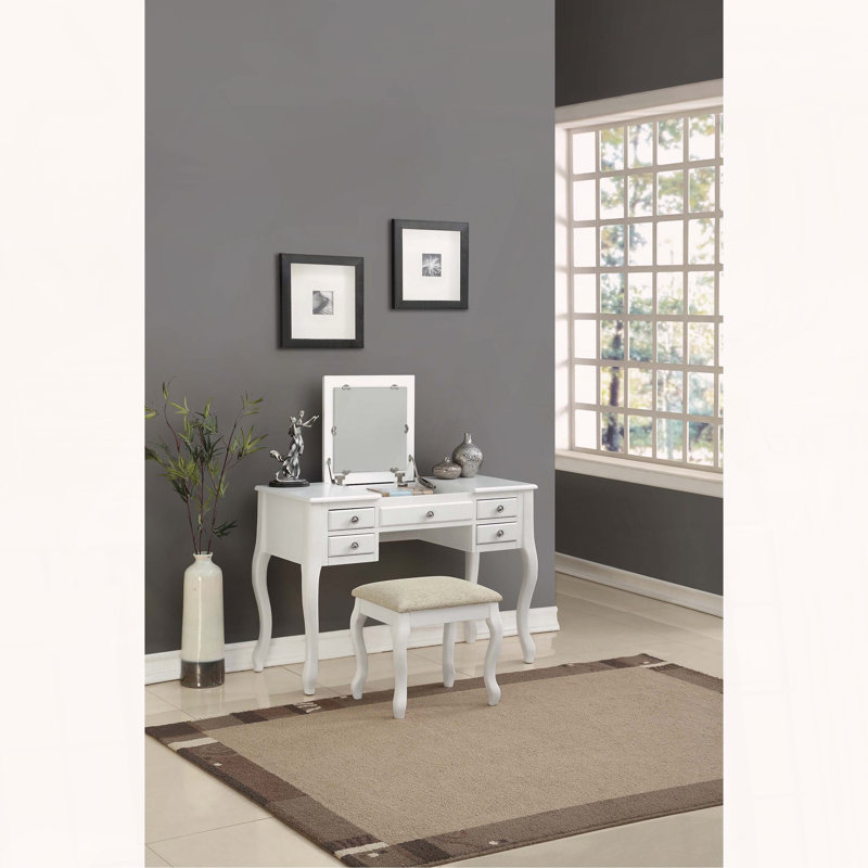 Ensemble de coiffeuse classique avec miroir rabattable et tabouret rembourré, Blanc