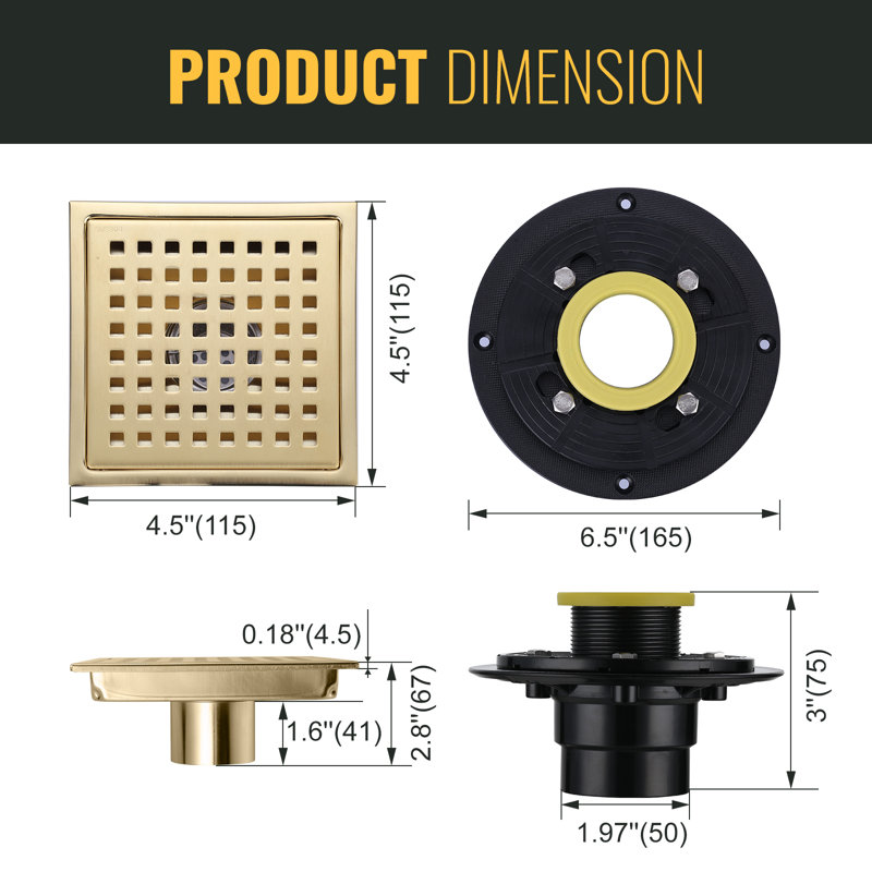 5.9 in. x 5.9 in. Stainless Steel Square Shower Drain with Strainer, Gold