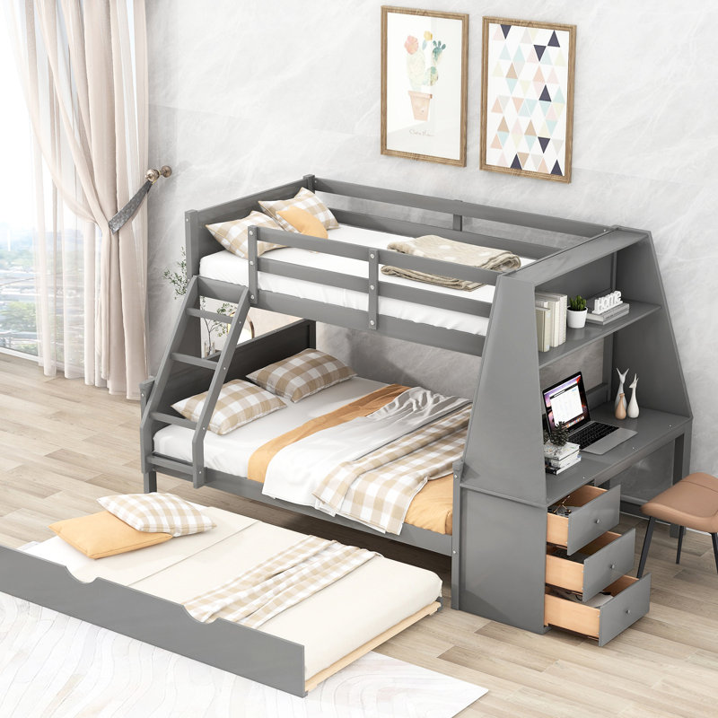 Lit superposé simple au-dessus d'un lit double avec lit gigogne et bureau, rangement - Lit gigogne gris Accessibilité, Gris
