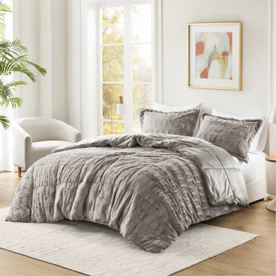 Full/Queen Gray Solid Faux Fur Comforter, 2 Shams, Filling, End - To Box Stitching Keeps Fill In Place 3 Pcs Comforter Mini , Soft Mink Reverse, Machine Washable, Minor Shedding Reduces