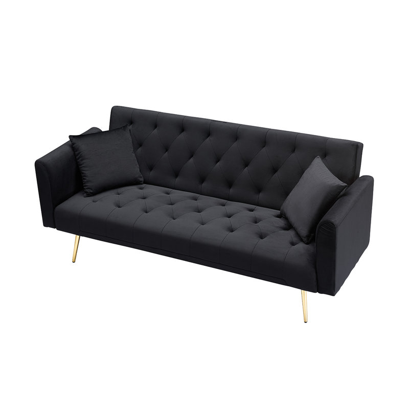 Canapé double pliable de 71 pouces, de style rétro américain, fabriqué en velours noir, idéal pour les petits salons, les chambres et les bureaux.