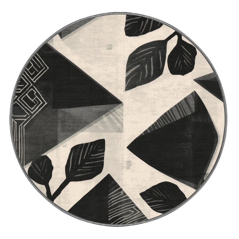 Tapis lavable à la machine à motif géométrique d'inspiration mondiale Gingembre en brun - reliure grise, 6 po de diamètre