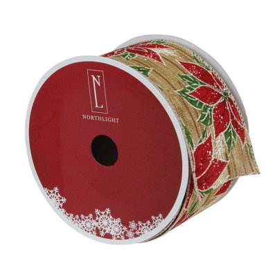 Ruban de Noël rouge et vert avec fils poinsettia 2,5 po x 16 po