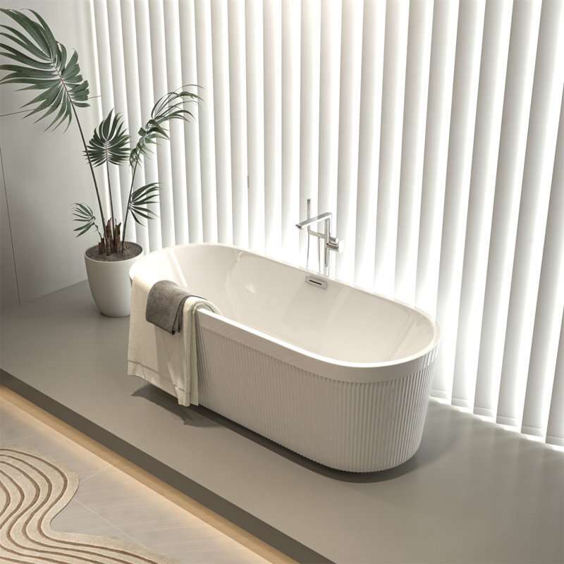 59" Gloss White Acrylic Freestanding Bathtub with Pleated Design