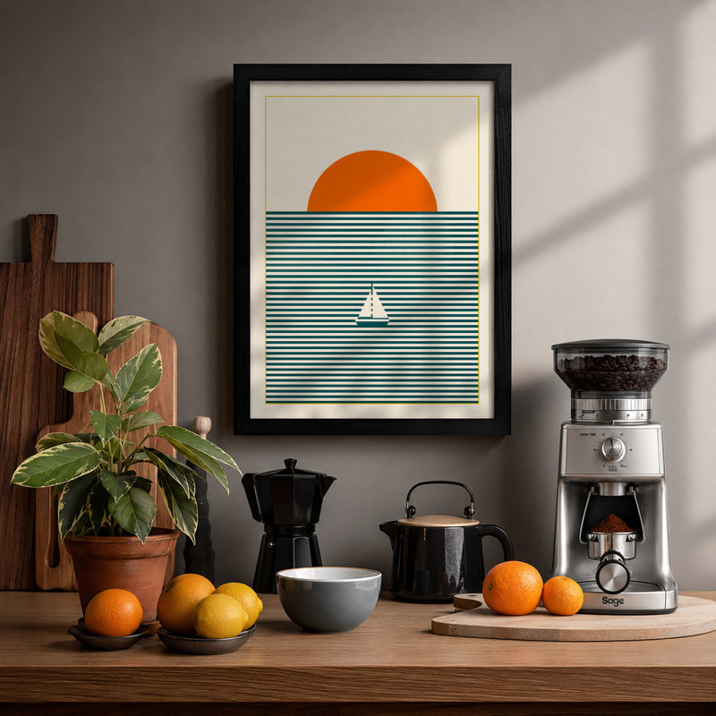 Sailboat At Sunrise Minimalist - Print, Black, A4 - 29.7 x 21.0 cm