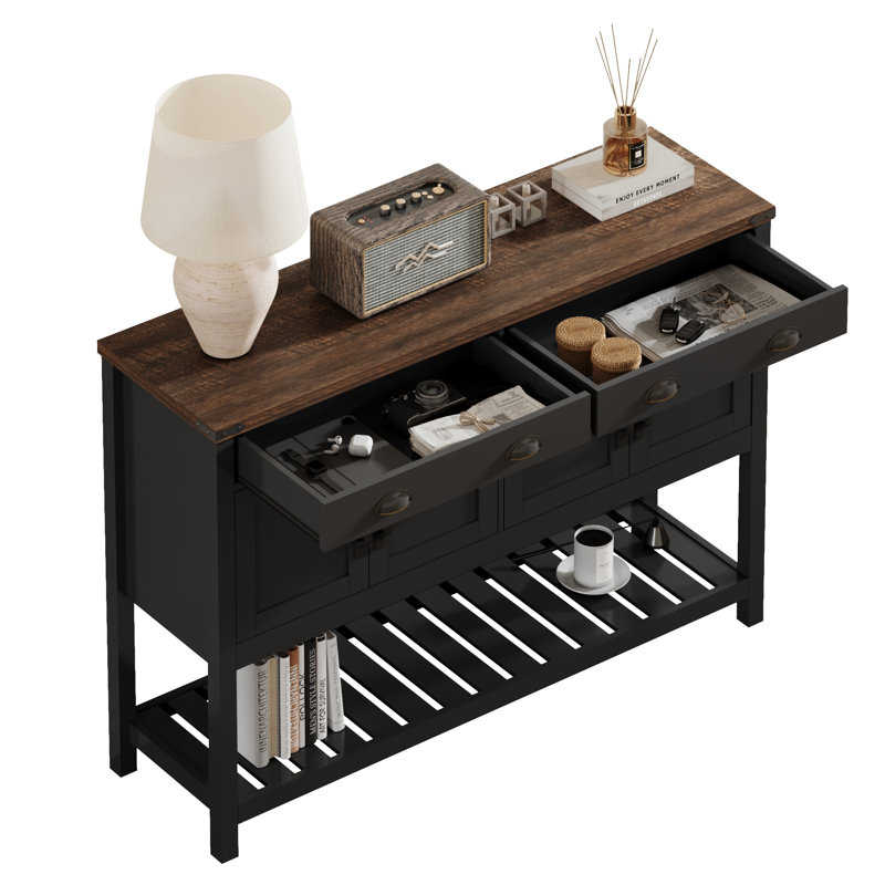 47"W Console Table Entry Cabinet with Two Drawers and 2 Double-Door Variant Product Name, Brown Wood, Black