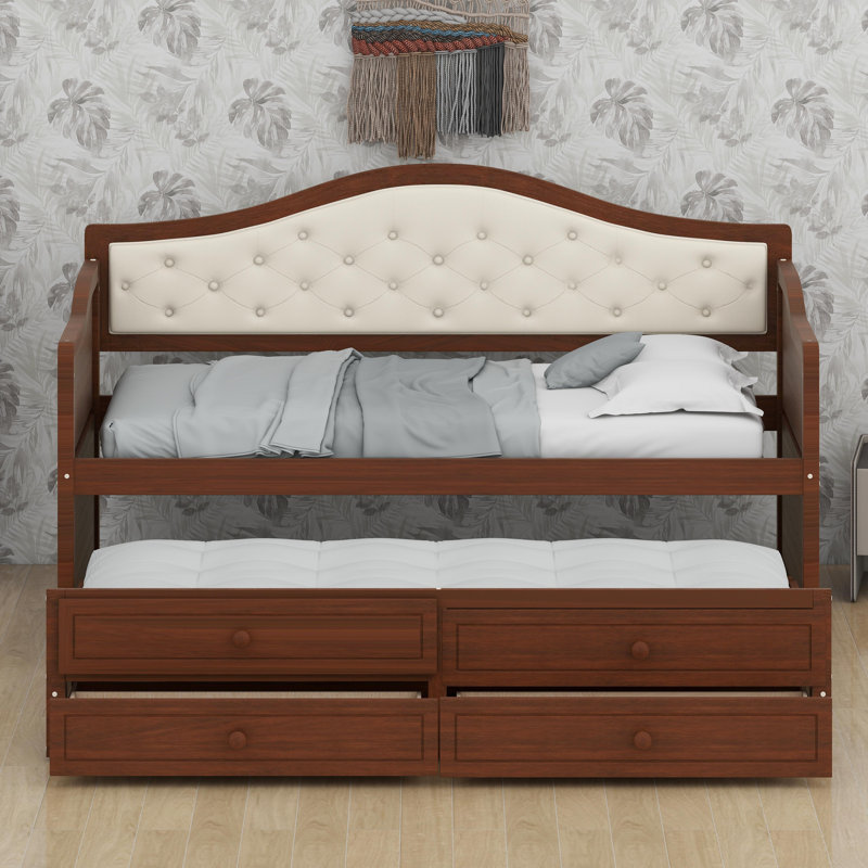 Multi-Functional Daybed with Trundle, Drawer Storage, and Tufted Design for Living Spaces, Walnut