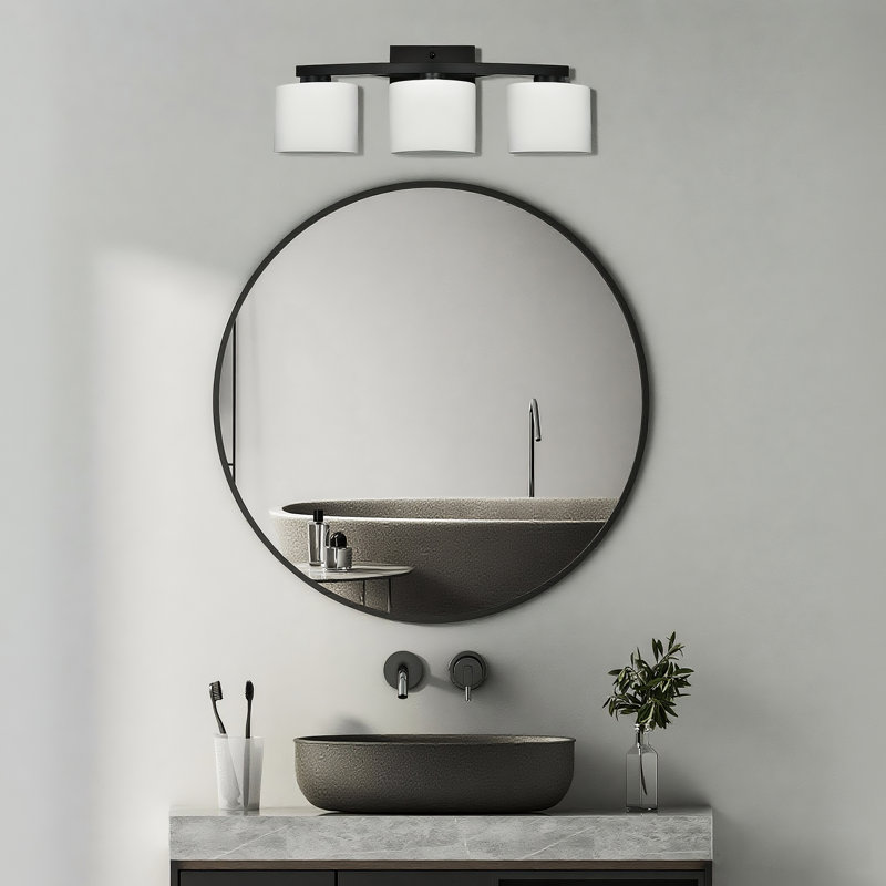 22 po Luminaire de meuble-lavabo moderne 3 lumières noir mat avec abat-jour ovales en verre blanc gravé, Noir mat, 3 Lights