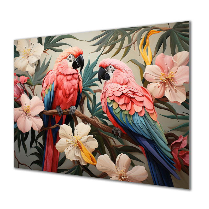 Fleurs tropicales roses et bleues, art mural perroquet en métal III, H 12 po x l 20 po x P 1 po